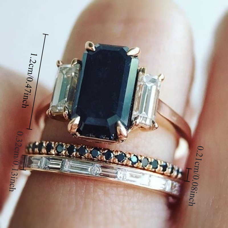 3pc Vintage Inlay Black Synthetic Zircon Square Ring Set